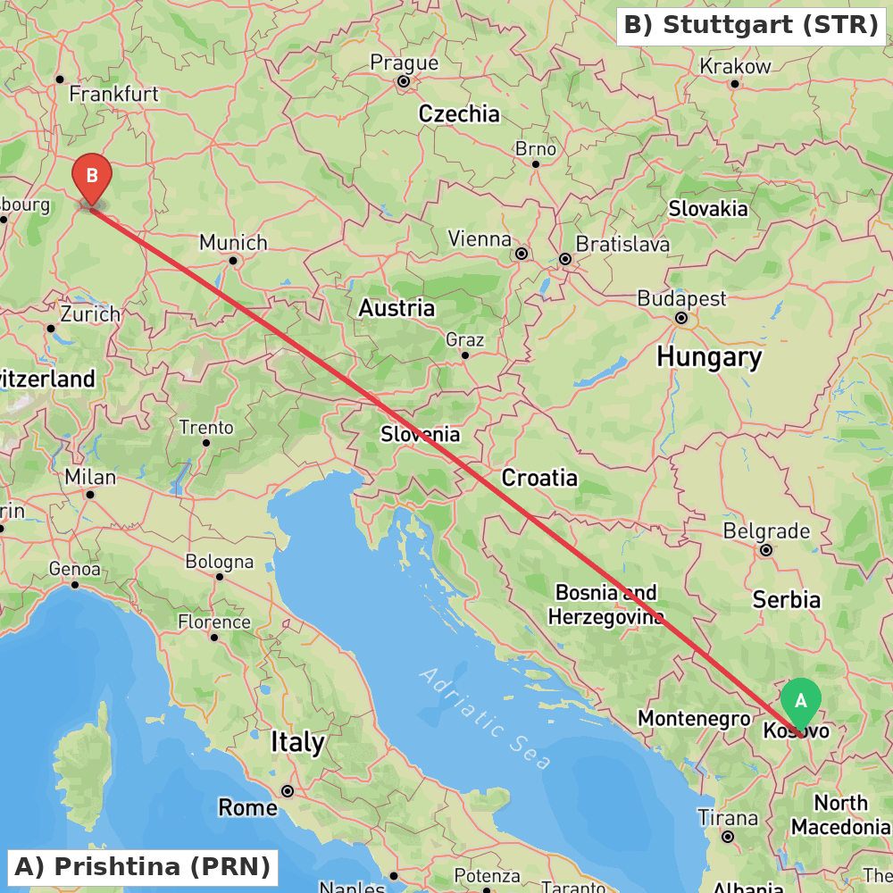 Flight route map from Prishtina to Stuttgart