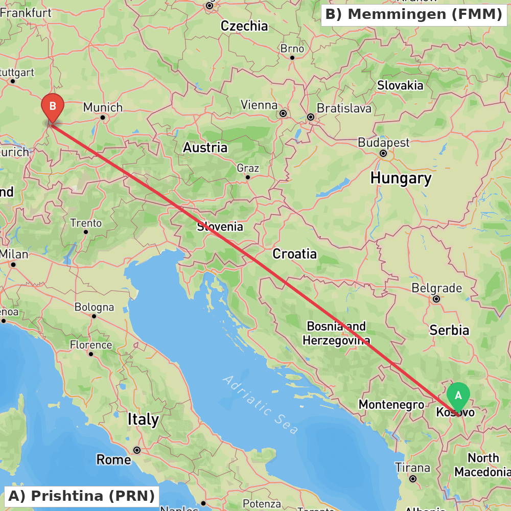 Flight route map from Prishtina to Memmingen