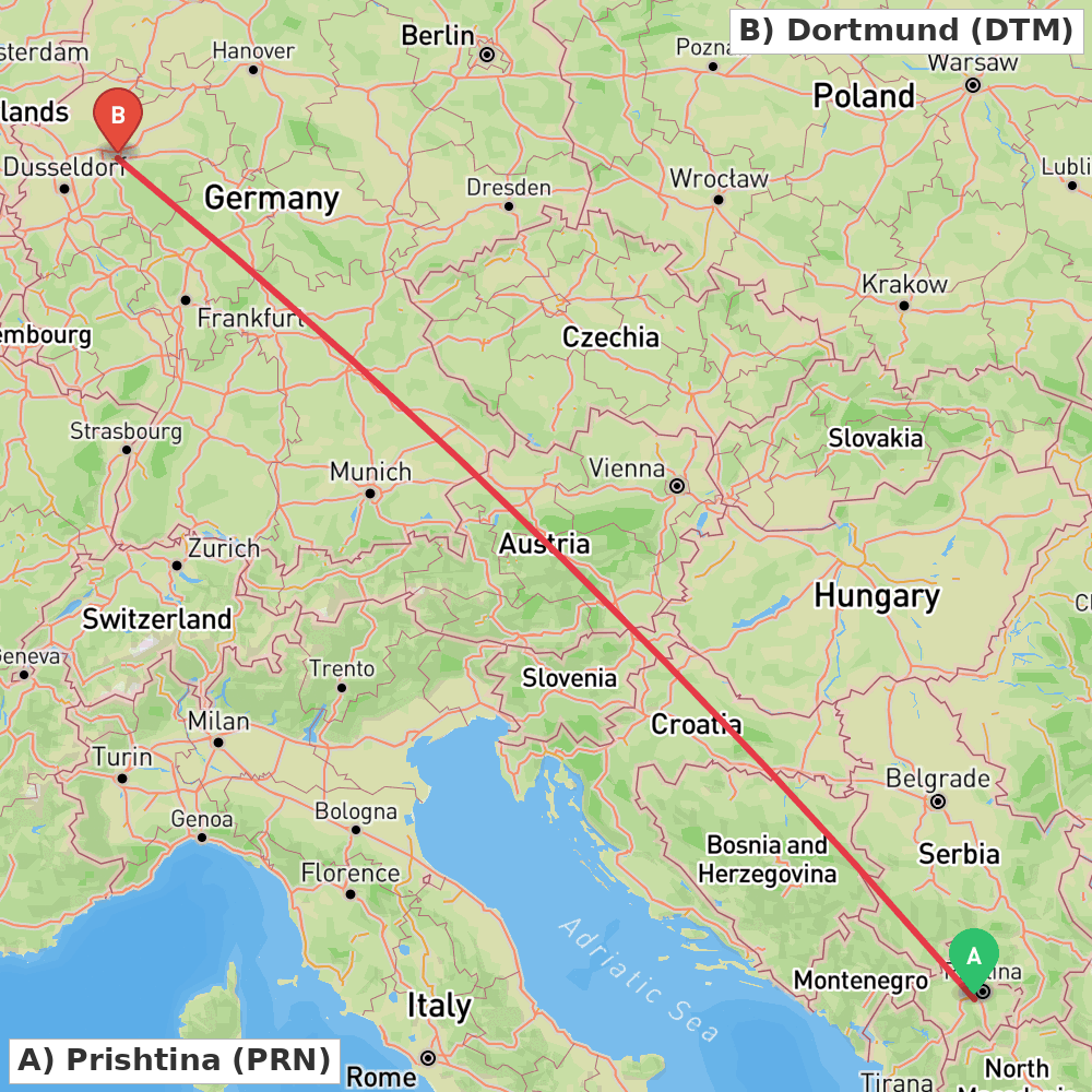 Flight route map from Prishtina to Dortmund