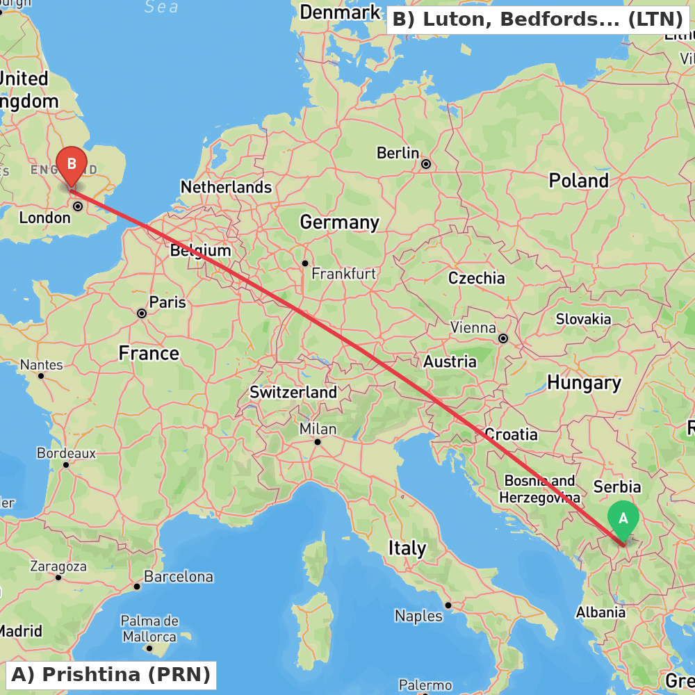 Flight route map from Prishtina to Luton, Bedfordshire