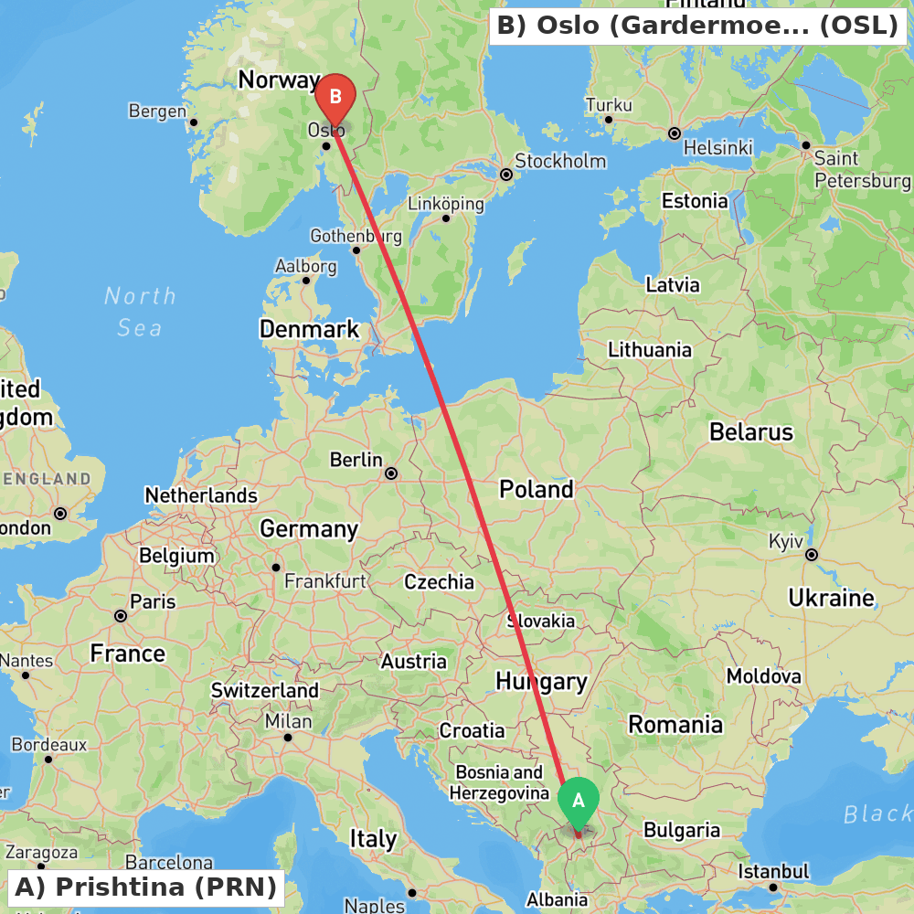 Flight route map from Prishtina to Oslo (Gardermoen)
