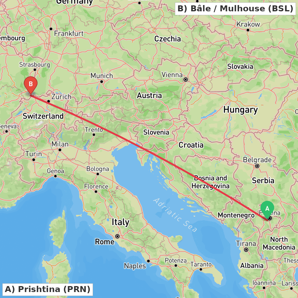 Flight route map from Prishtina to Bâle / Mulhouse