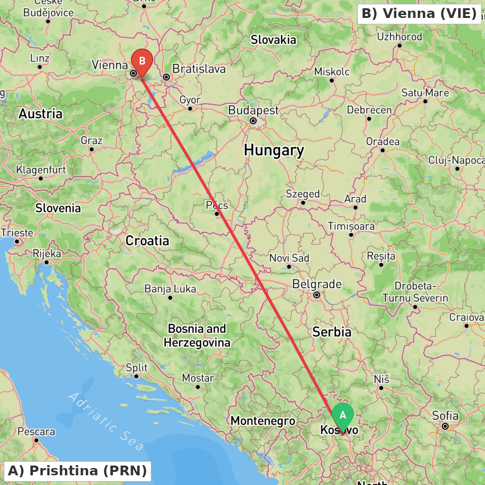 Flight route map from Prishtina to Vienna