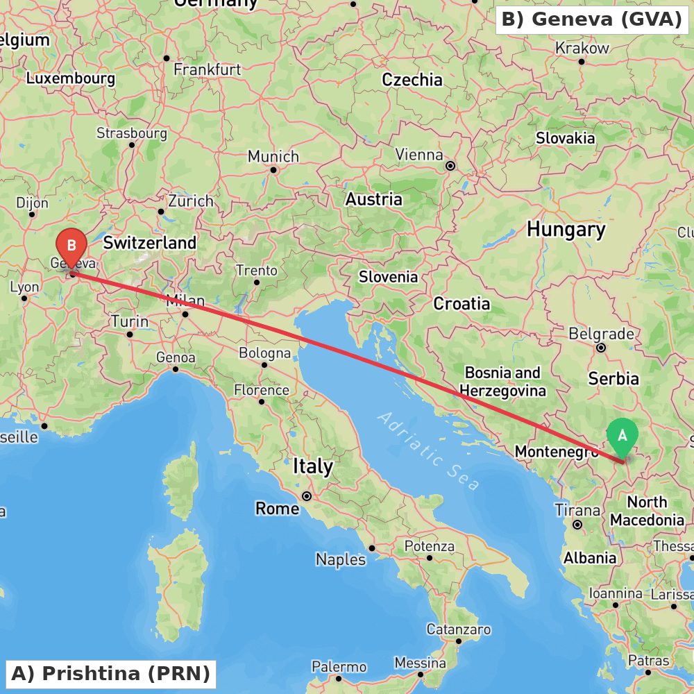 Flight route map from Prishtina to Geneva