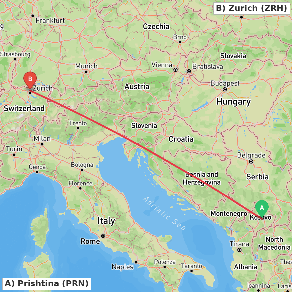 Flight route map from Prishtina to Zurich