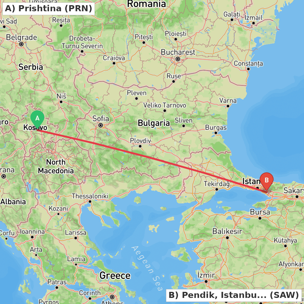 Flight route map from Prishtina to Pendik, Istanbul