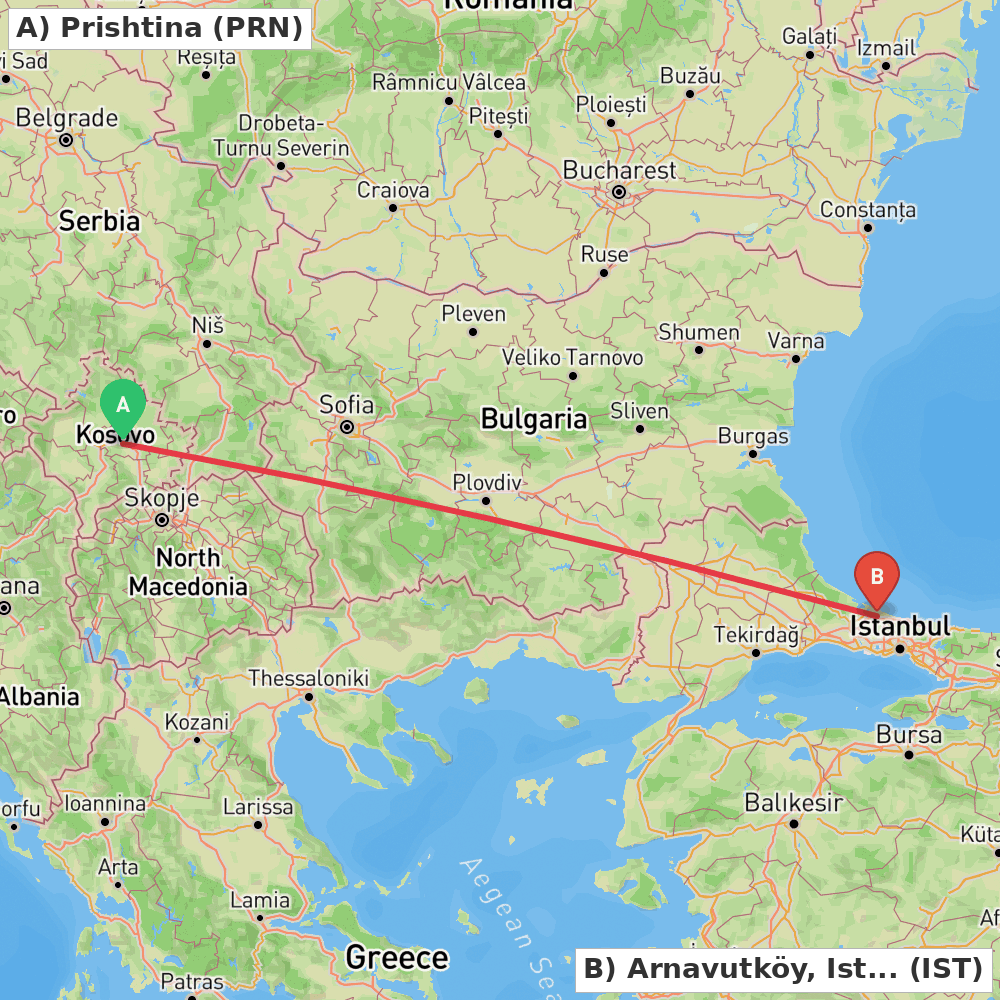 Flight route map from Prishtina to Arnavutköy, Istanbul