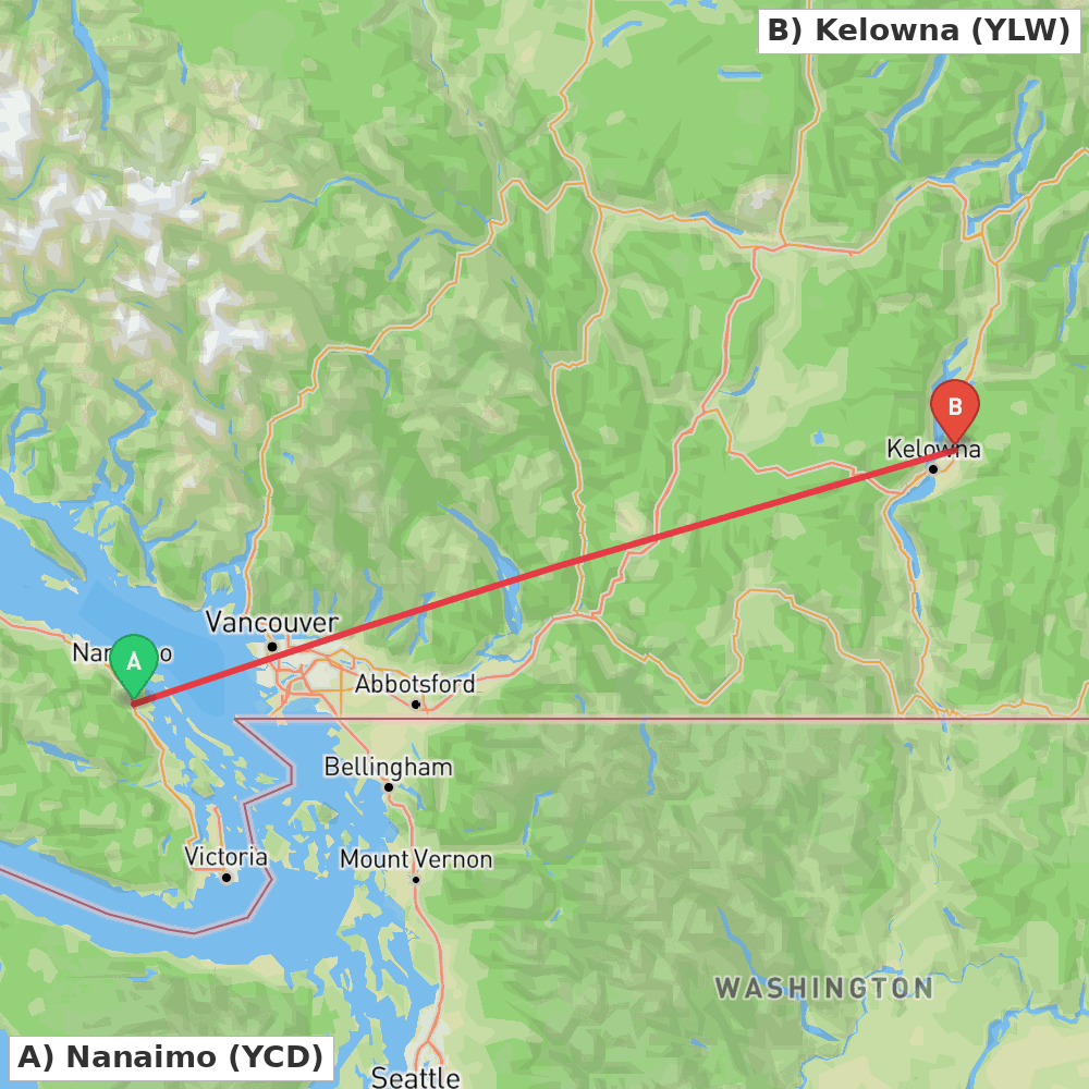 Flight route map from Nanaimo to Kelowna