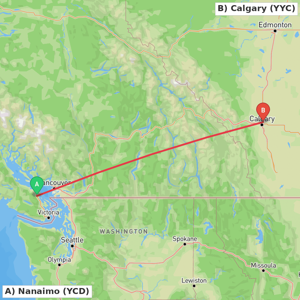 Flight route map from Nanaimo to Calgary