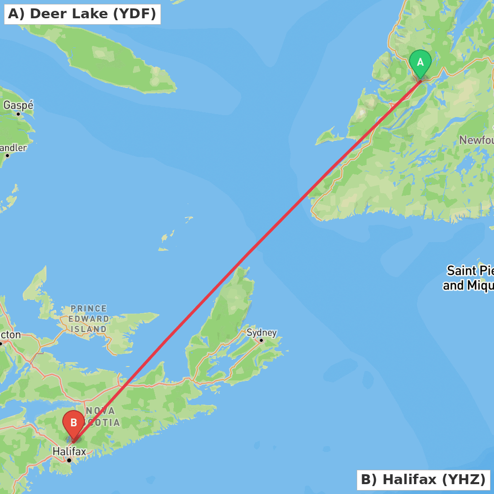 Flight route map from Deer Lake to Halifax