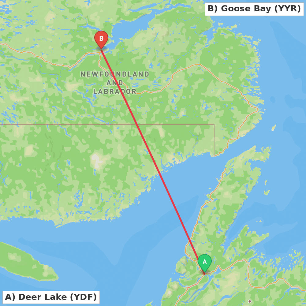 Flight route map from Deer Lake to Goose Bay