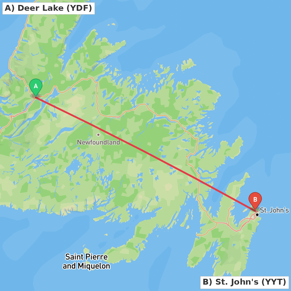 Flight route map from Deer Lake to St. John's