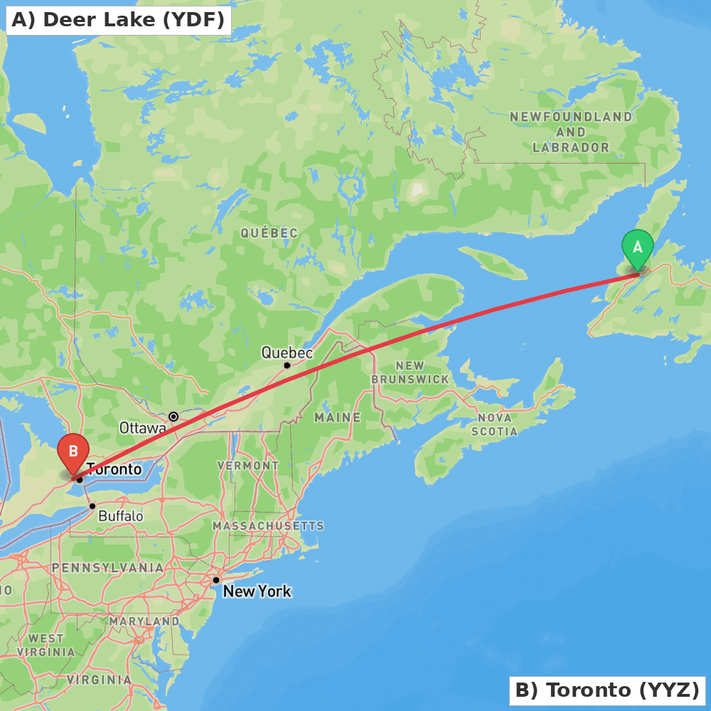 Flight route map from Deer Lake to Toronto