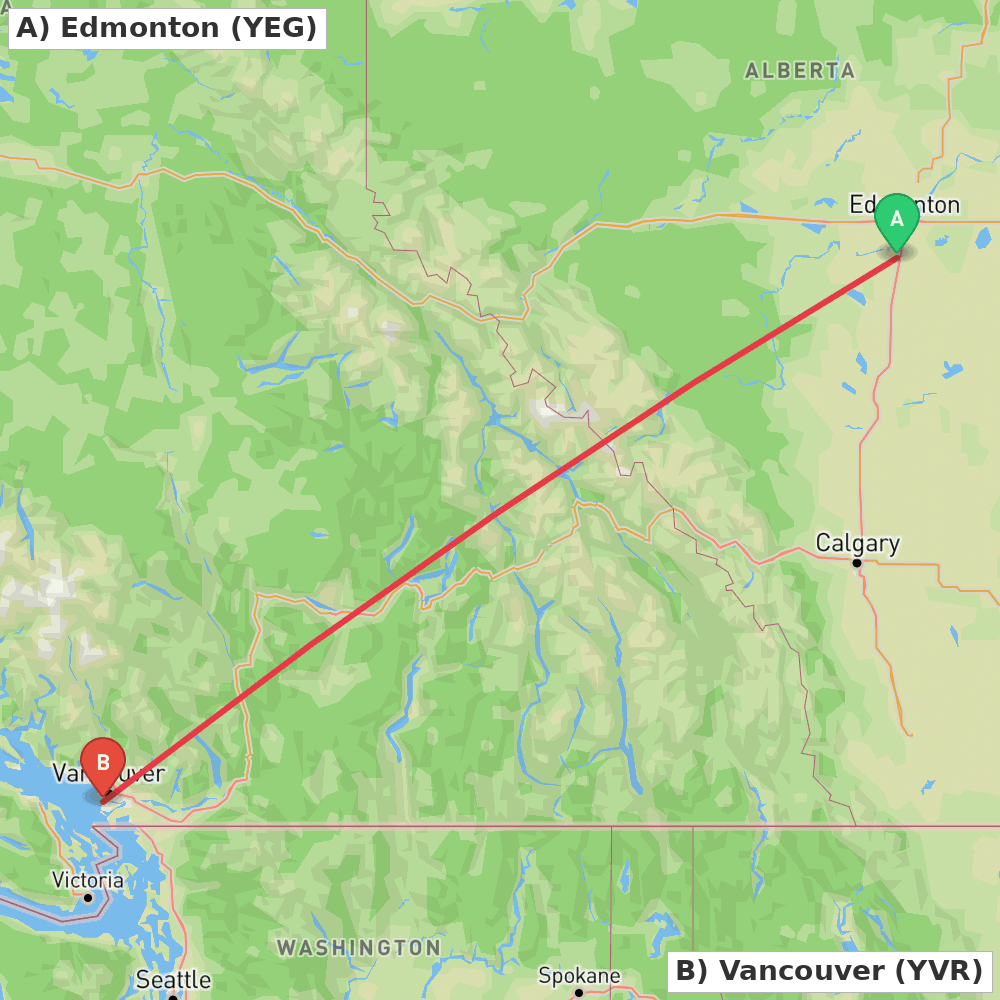 Flight route map from Edmonton to Vancouver