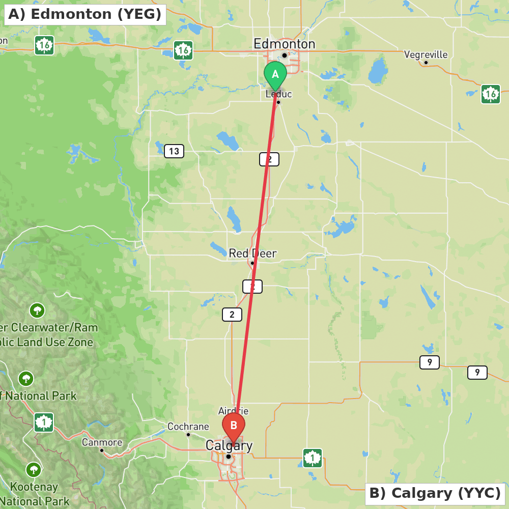 Flight route map from Edmonton to Calgary