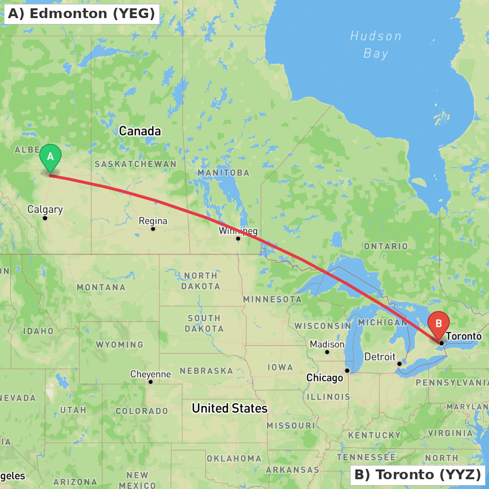 Flight route map from Edmonton to Toronto