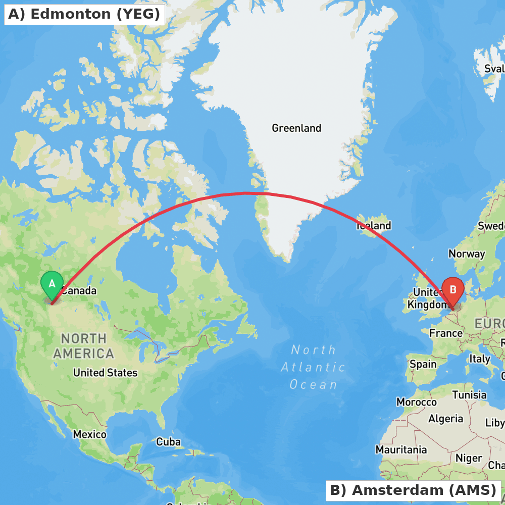 Flight route map from Edmonton to Amsterdam