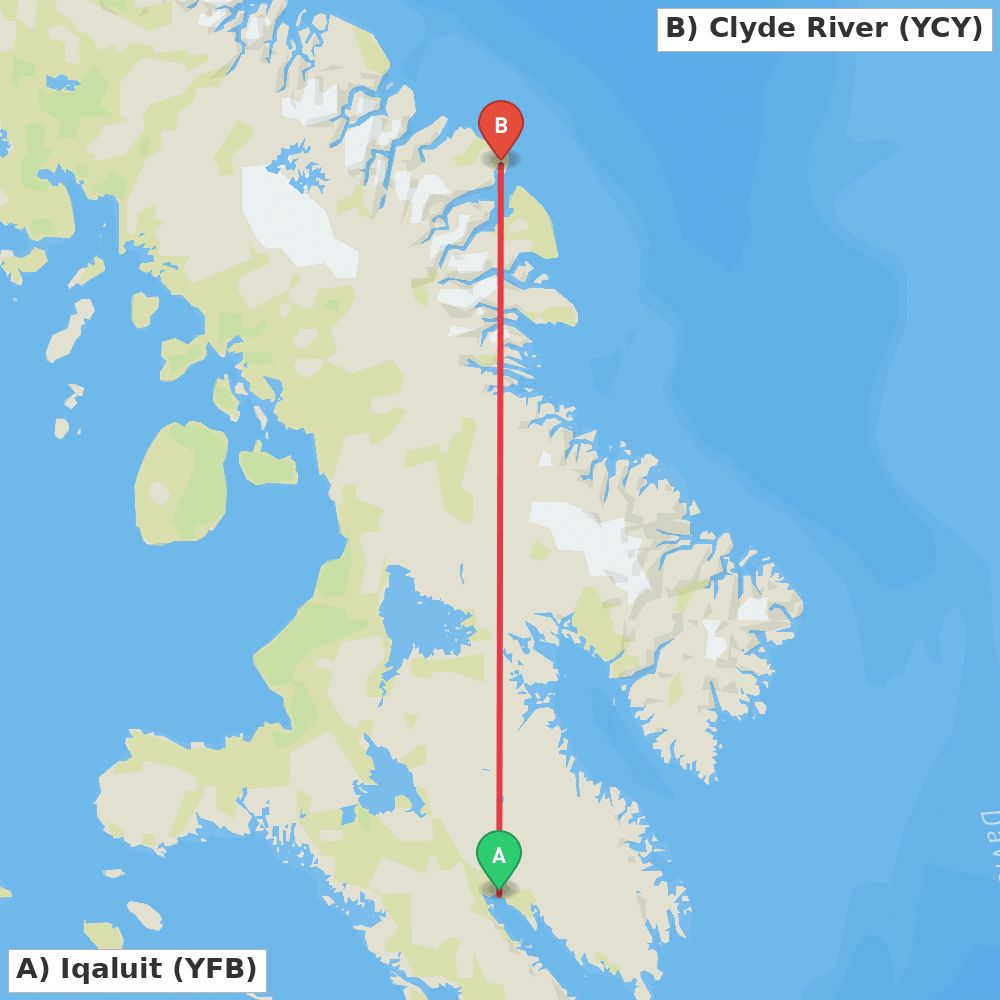 Flight route map from Iqaluit to Clyde River