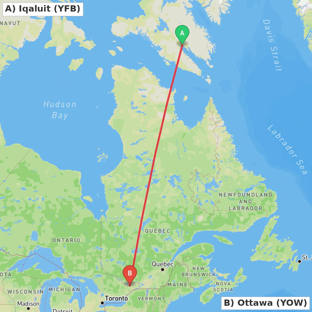 Flight route map from Iqaluit to Ottawa