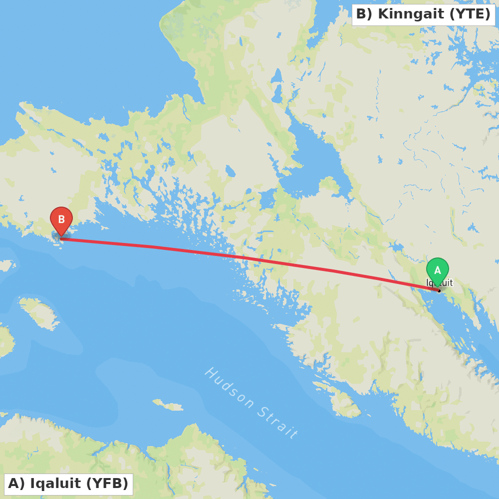 Flight route map from Iqaluit to Kinngait
