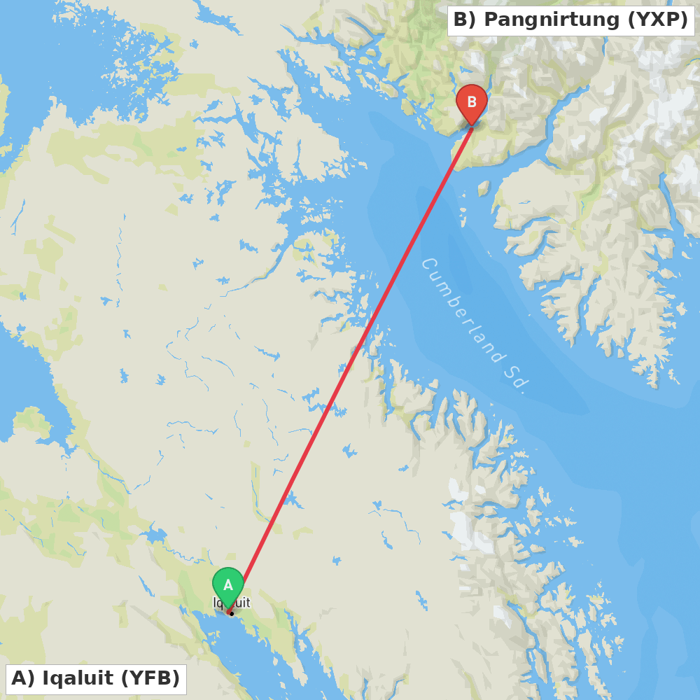 Flight route map from Iqaluit to Pangnirtung