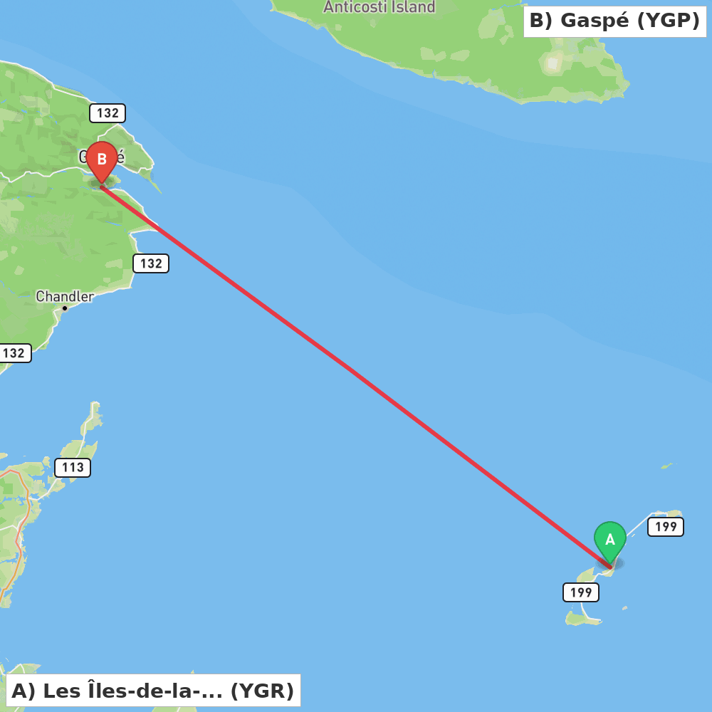 Flight route map from Les Îles-de-la-Madeleine to Gaspé