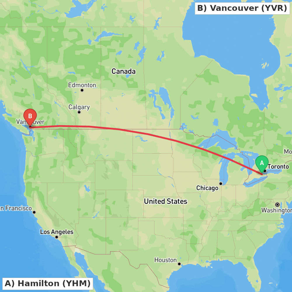 Flight route map from Hamilton to Vancouver