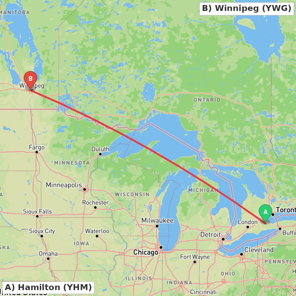 Flight route map from Hamilton to Winnipeg