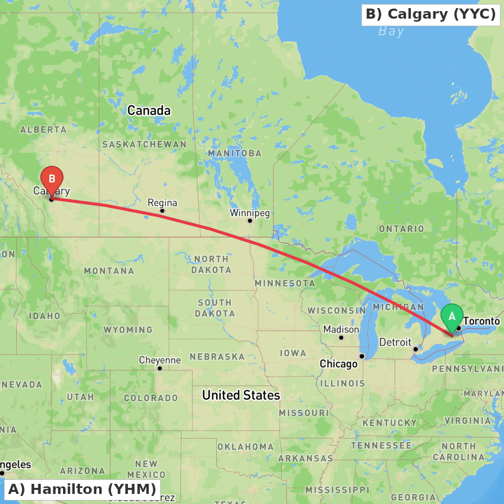 Flight route map from Hamilton to Calgary