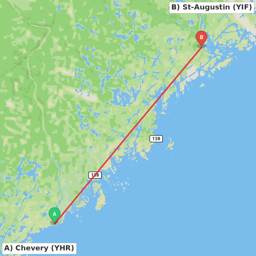 Flight route map from Chevery to St-Augustin