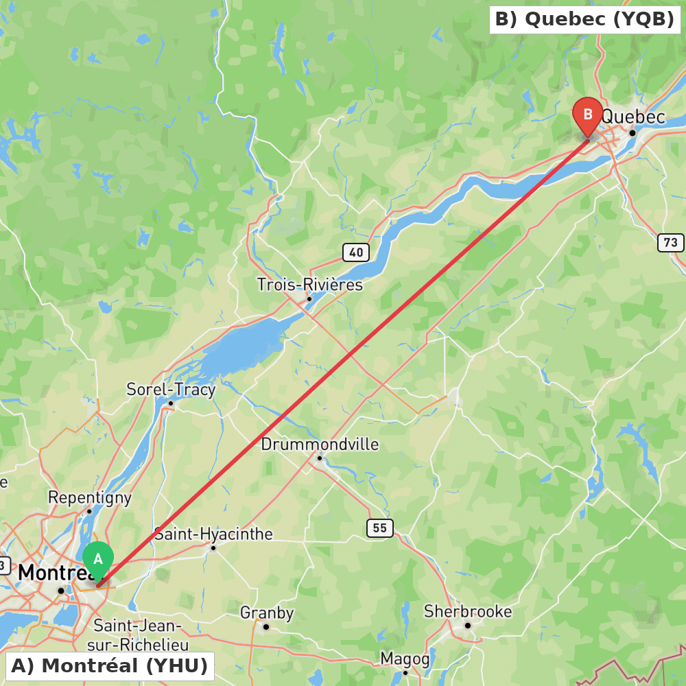 Flight route map from Montréal to Quebec