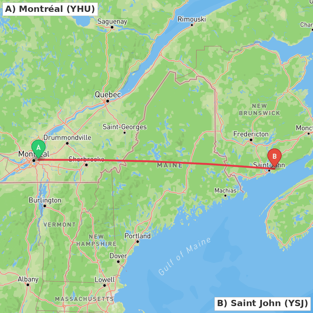Flight route map from Montréal to Saint John