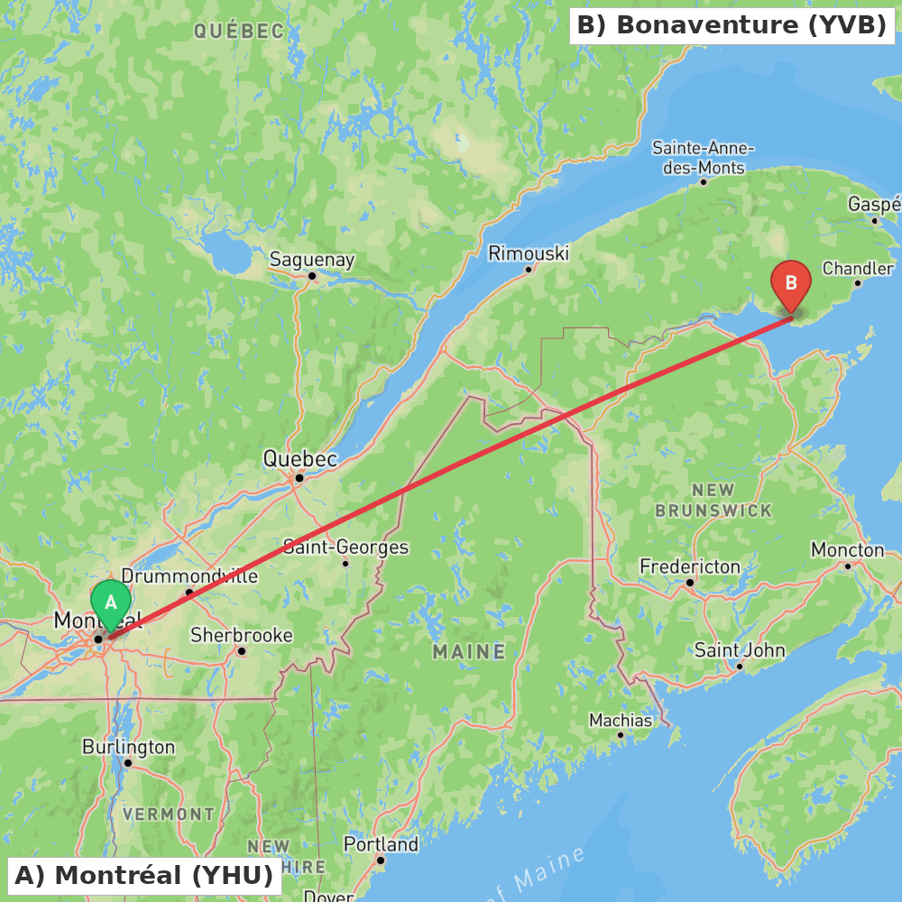 Flight route map from Montréal to Bonaventure