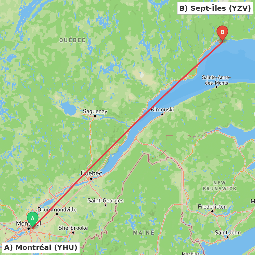 Flight route map from Montréal to Sept-Îles