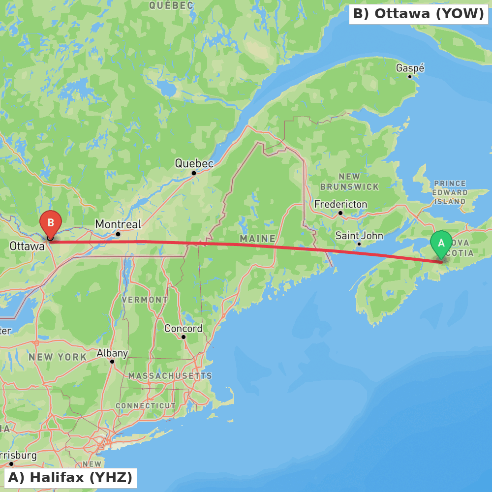 Flight route map from Halifax to Ottawa