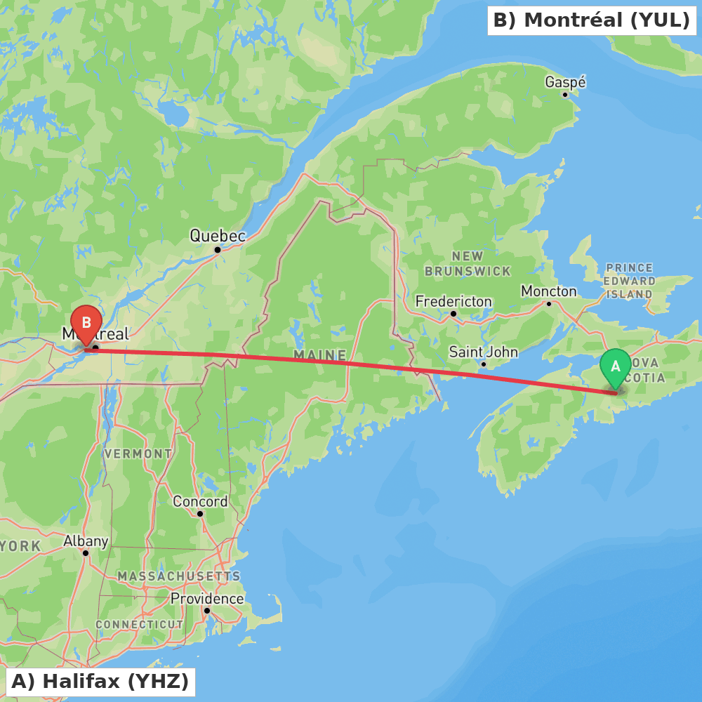 Flight route map from Halifax to Montréal
