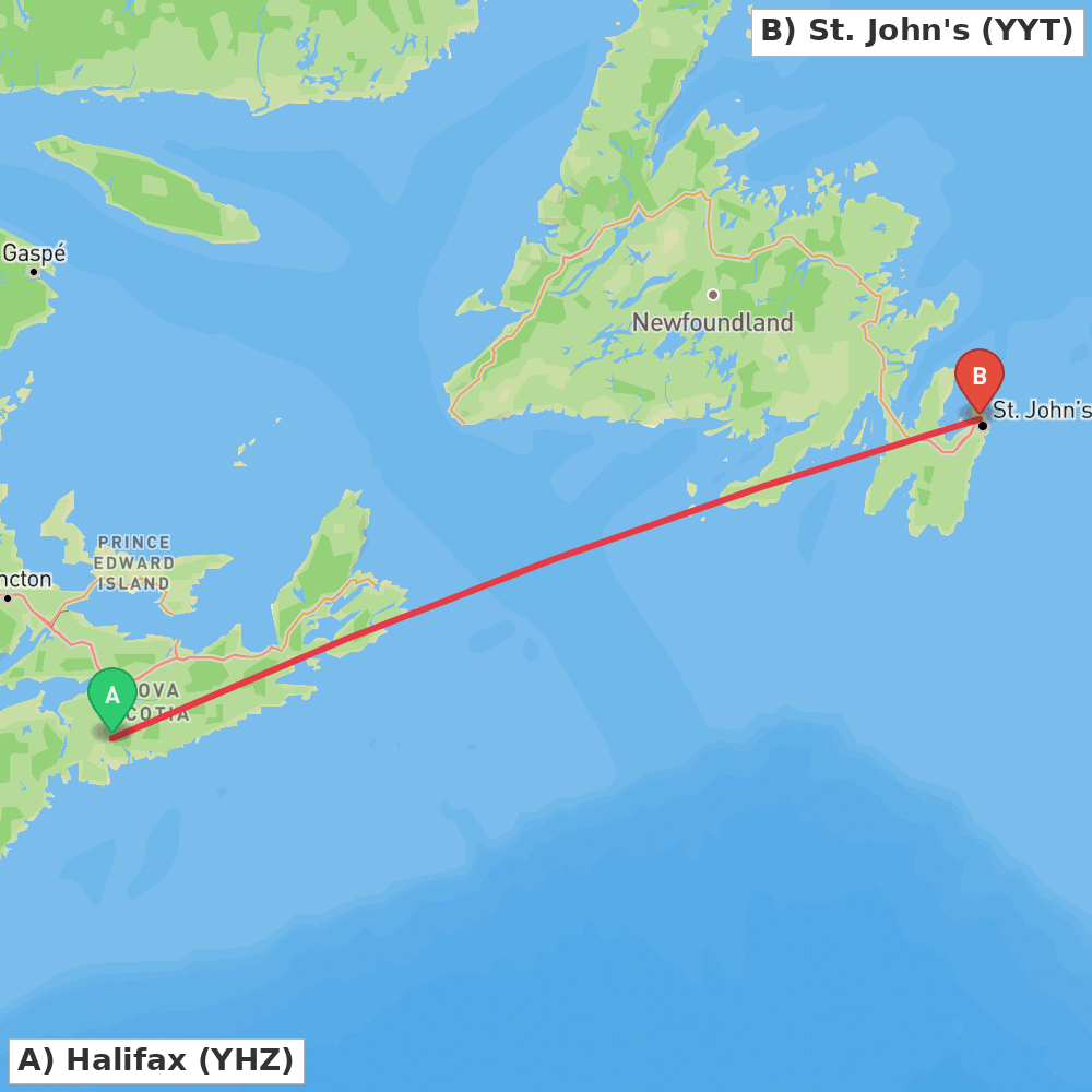 Flight route map from Halifax to St. John's