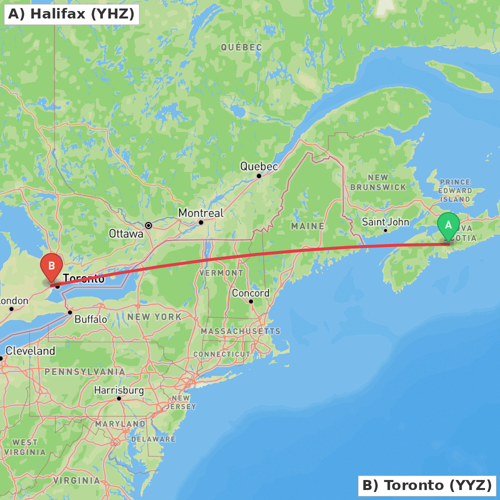 Flight route map from Halifax to Toronto