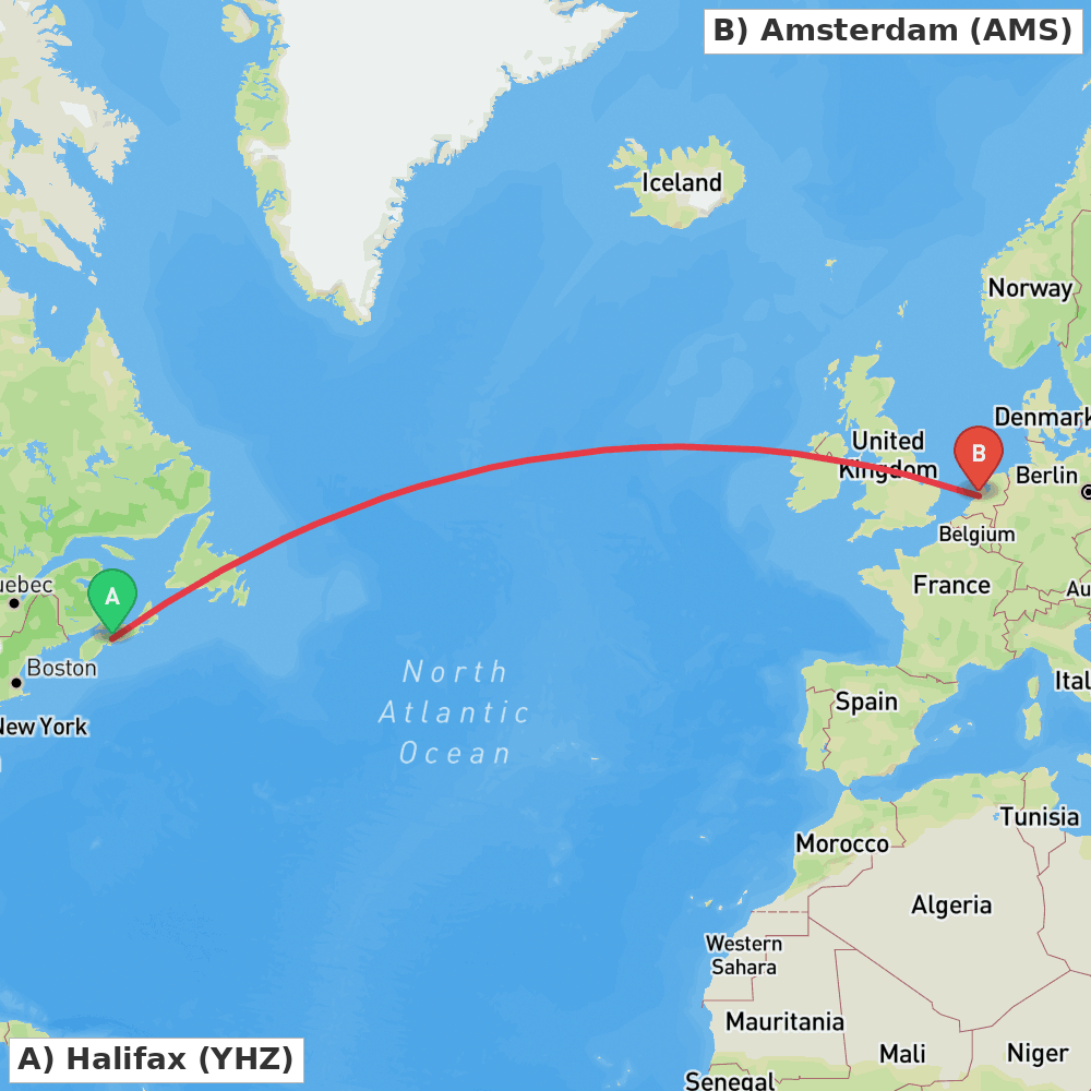 Flight route map from Halifax to Amsterdam