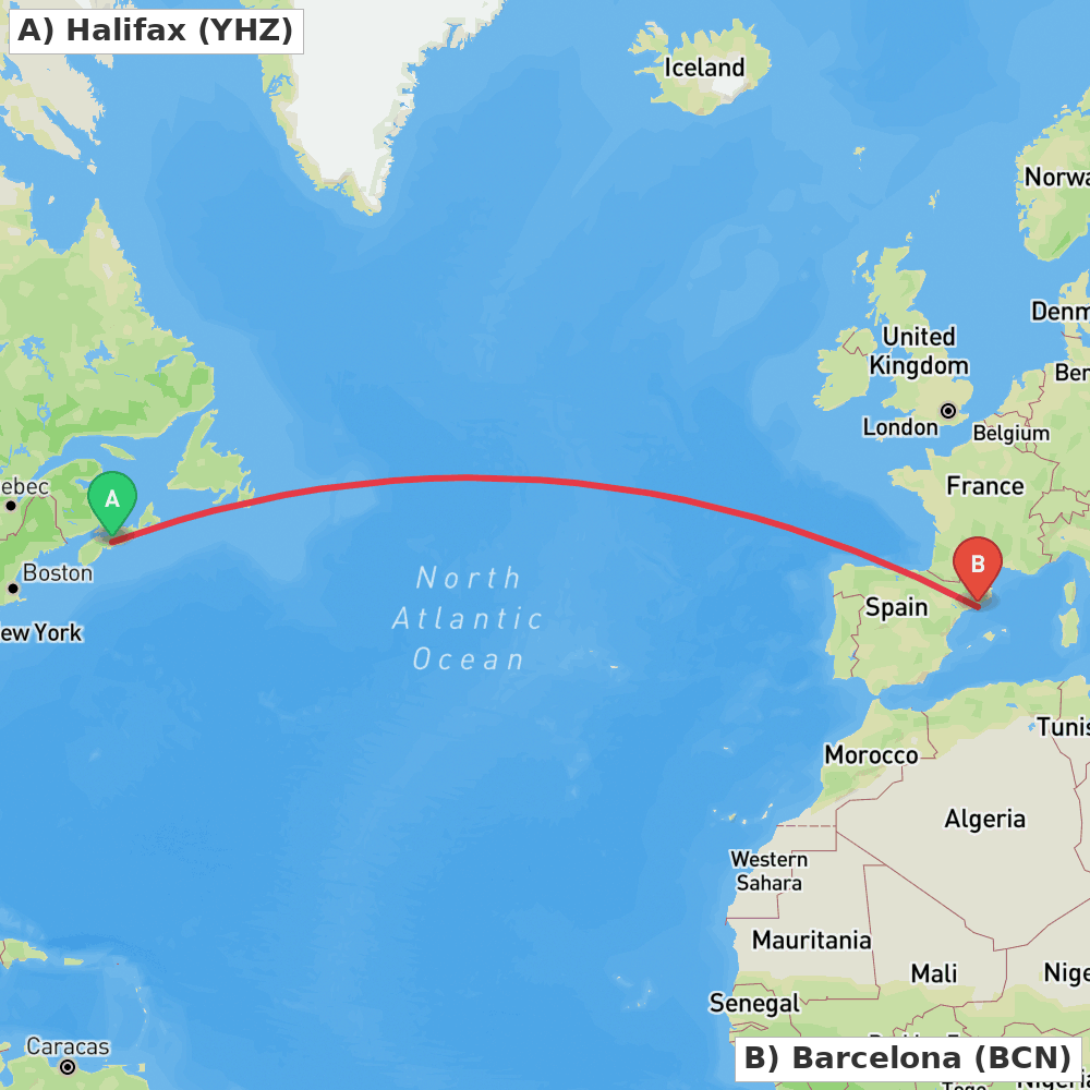 Flight route map from Halifax to Barcelona