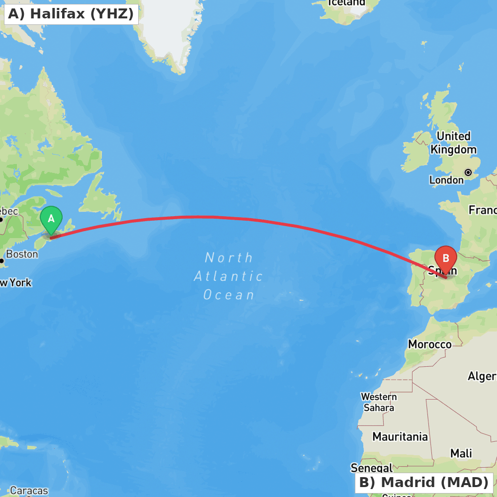 Flight route map from Halifax to Madrid