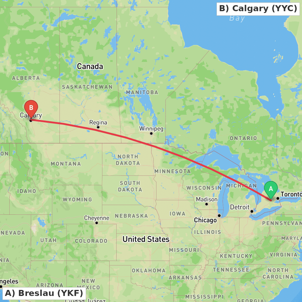 Flight route map from Breslau to Calgary