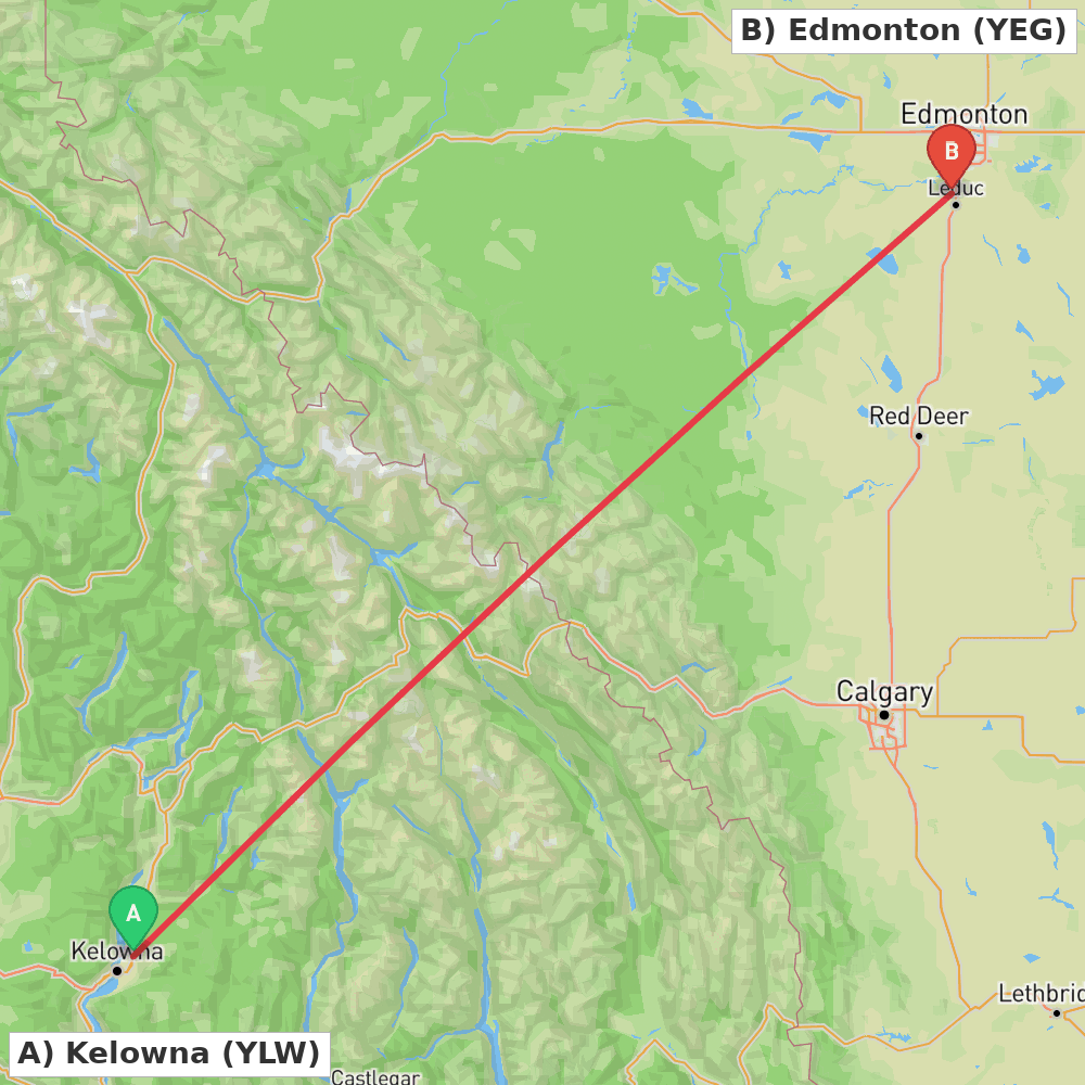 Flight route map from Kelowna to Edmonton