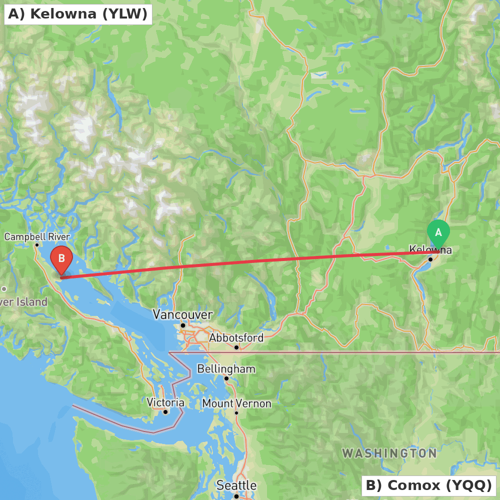 Flight route map from Kelowna to Comox