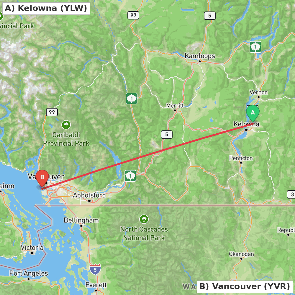 Flight route map from Kelowna to Vancouver