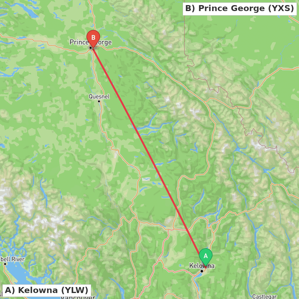 Flight route map from Kelowna to Prince George