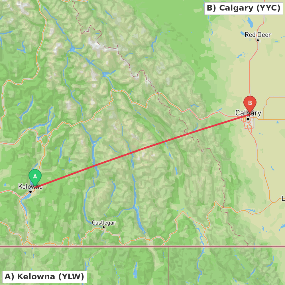 Flight route map from Kelowna to Calgary