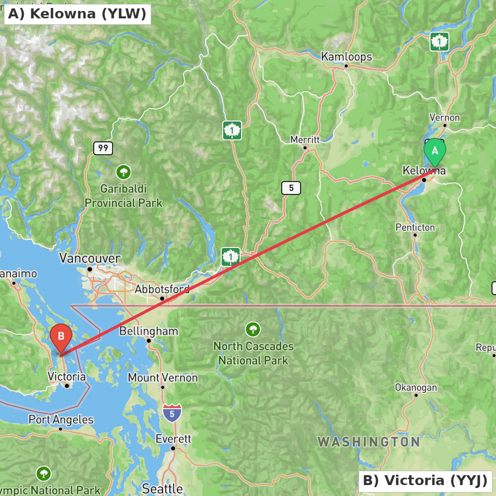 Flight route map from Kelowna to Victoria