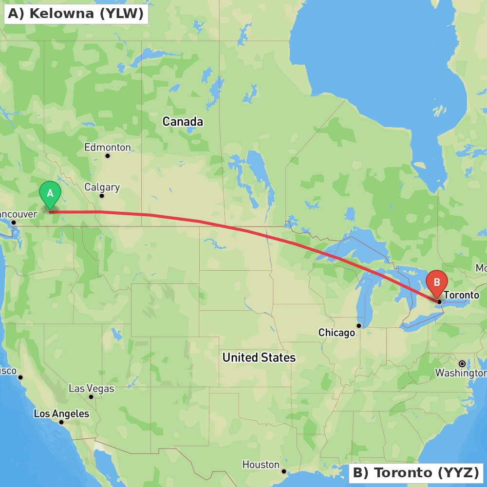 Flight route map from Kelowna to Toronto