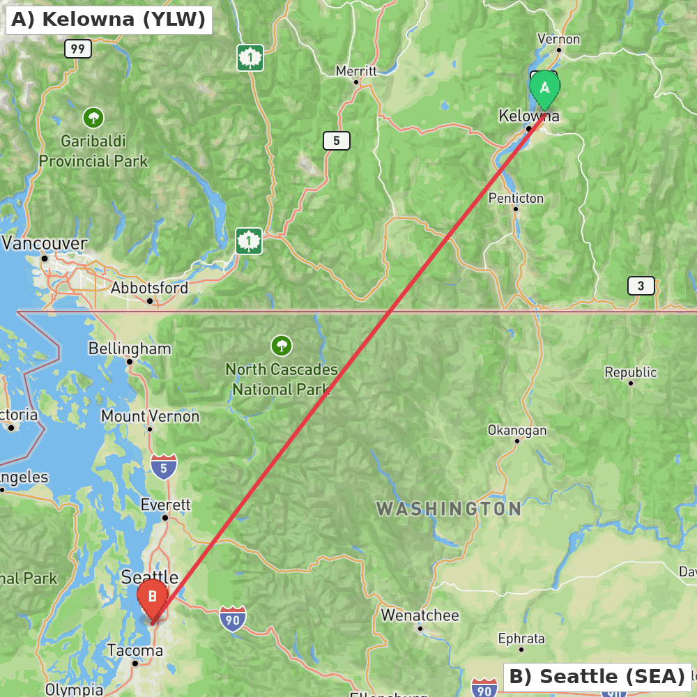 Flight route map from Kelowna to Seattle